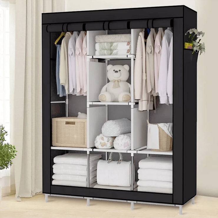 Large Canvas Fabric Wardrobe – Metal & Fabric Clothes Storage with Hanging Rail