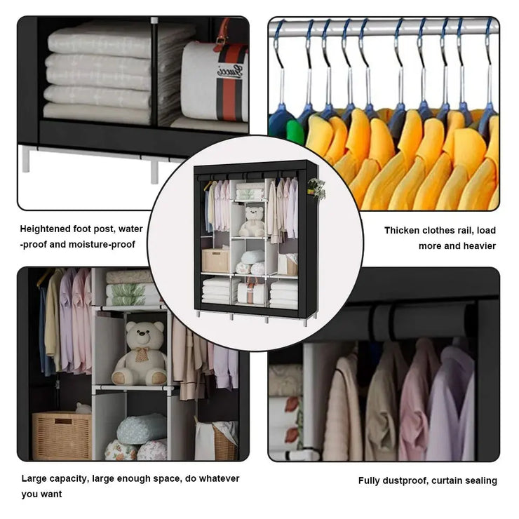 Large Canvas Fabric Wardrobe – Metal & Fabric Clothes Storage with Hanging Rail