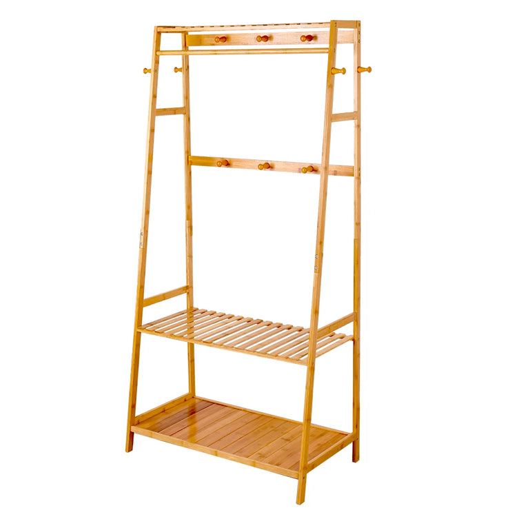 Bamboo Garment Rack with Top Shelf & 2-Tier Shoe Storage – Heavy Duty Clothes Organiser