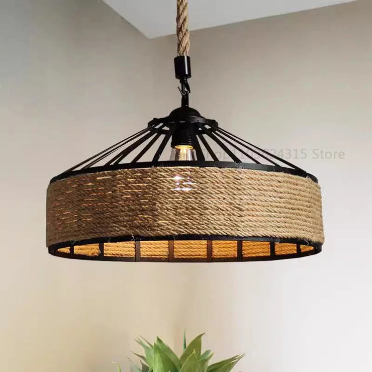 Rustic Hemp Rope Pendant Light Shade – Vintage Industrial Charm