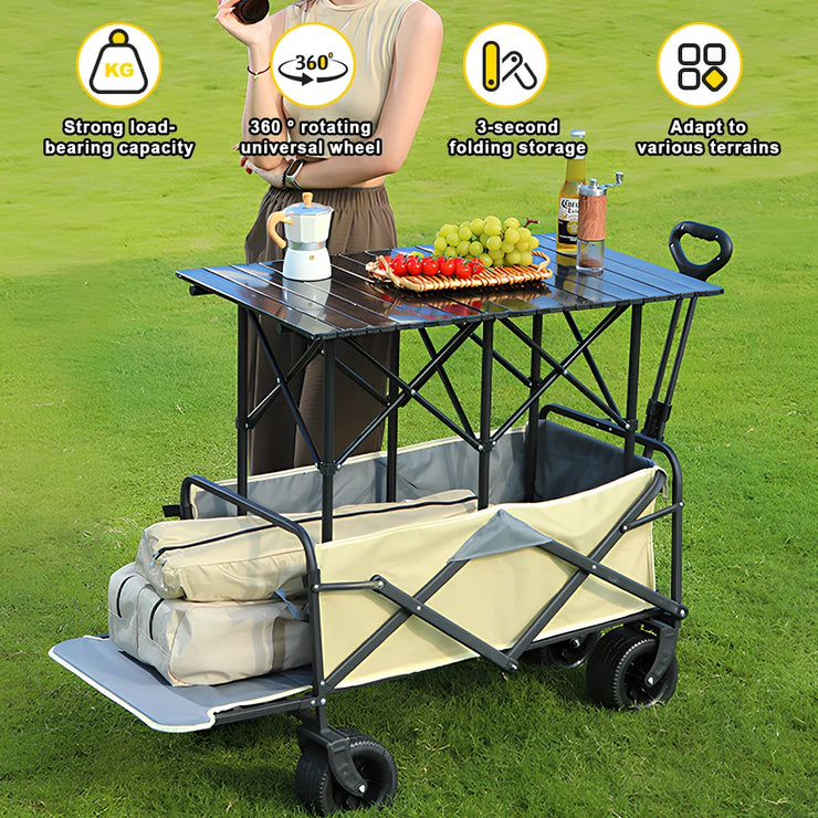 Foldable Camping Cart with Adjustable Table – 2-in-1 Picnic & Utility Trolley