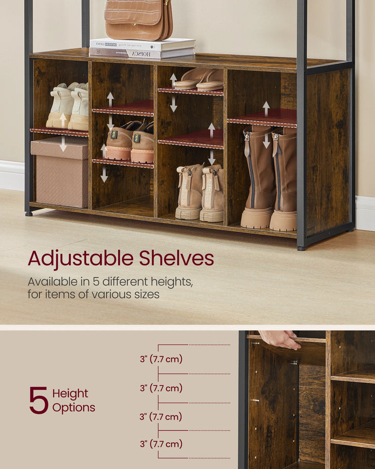Rustic Charmer Industrial Hall Tree with Coat Rack, Shoe Bench & Storage Shelves