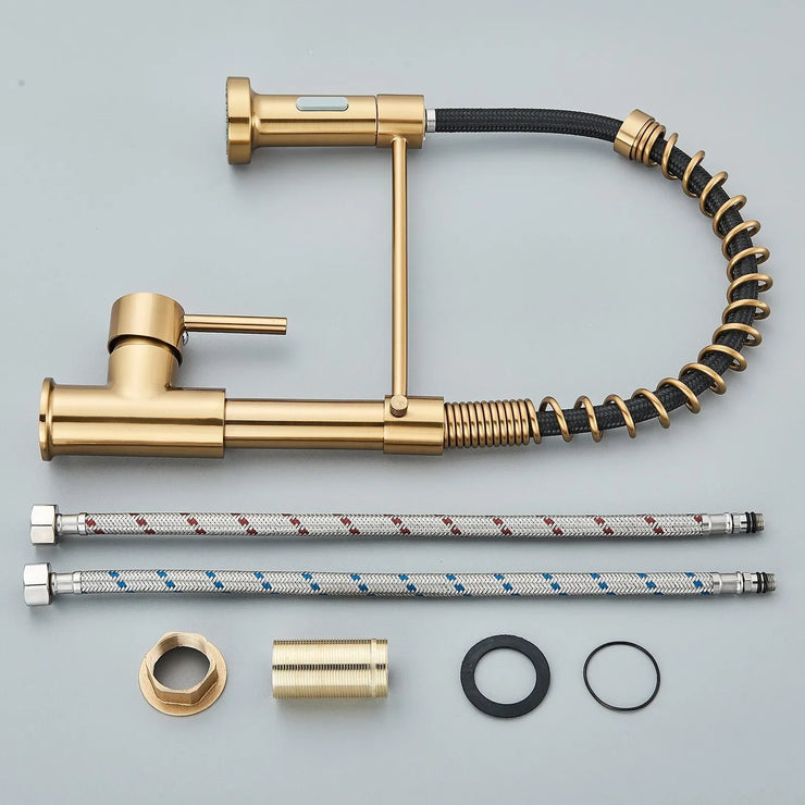 Brushed Gold Kitchen Sink Faucet One Handle Spring Hot and Cold Water Tap Deck Mounted Bathroom Kitchen Crane