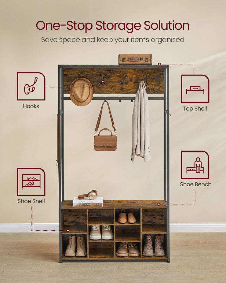 Rustic Charmer Industrial Hall Tree with Coat Rack, Shoe Bench & Storage Shelves