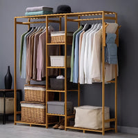 Voltsify 6-Tier Bamboo Clothes Rack with Side Hooks – Multi-Layer Open Wardrobe Rail