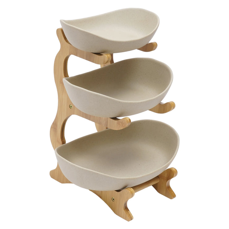 3-Tier Bamboo & Ceramic Fruit Bowl Stand – Kitchen Storage with Style