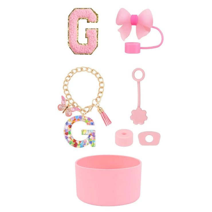 SipSavvy™ 7-Piece Pink Accessory Kit for Stanley Cup Tumbler – Custom Letter Set A–Z