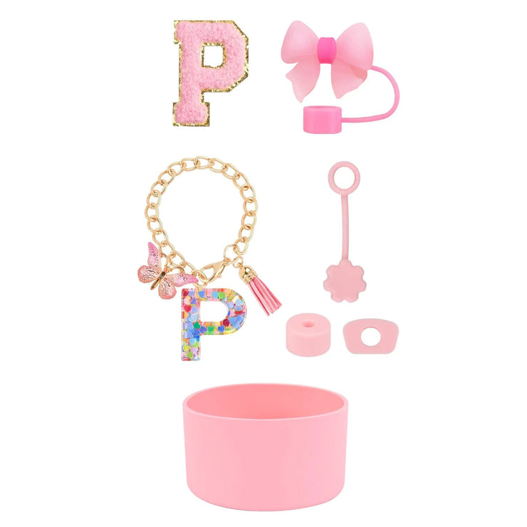 SipSavvy™ 7-Piece Pink Accessory Kit for Stanley Cup Tumbler – Custom Letter Set A–Z