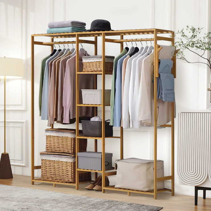 Voltsify 6-Tier Bamboo Clothes Rack with Side Hooks – Multi-Layer Open Wardrobe Rail