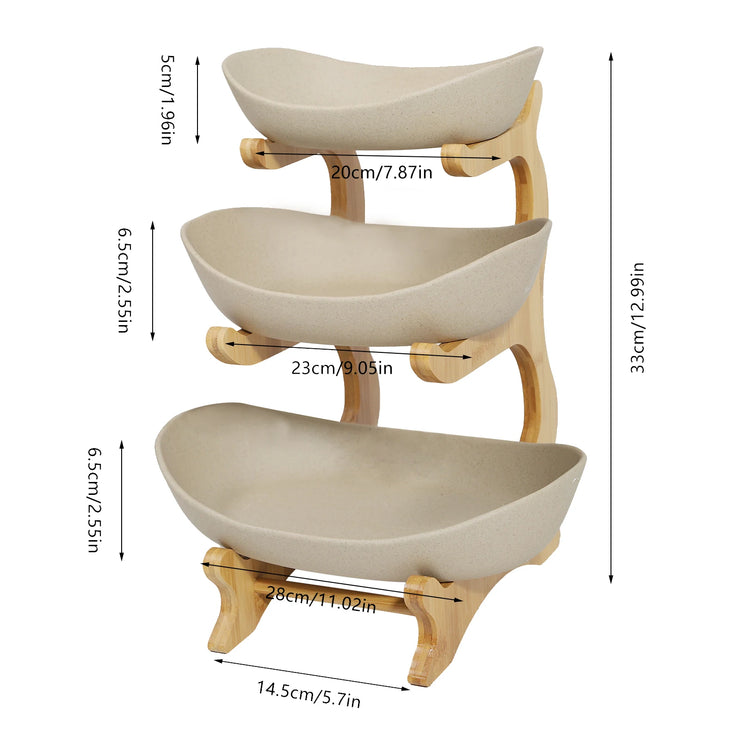 3-Tier Bamboo & Ceramic Fruit Bowl Stand – Kitchen Storage with Style