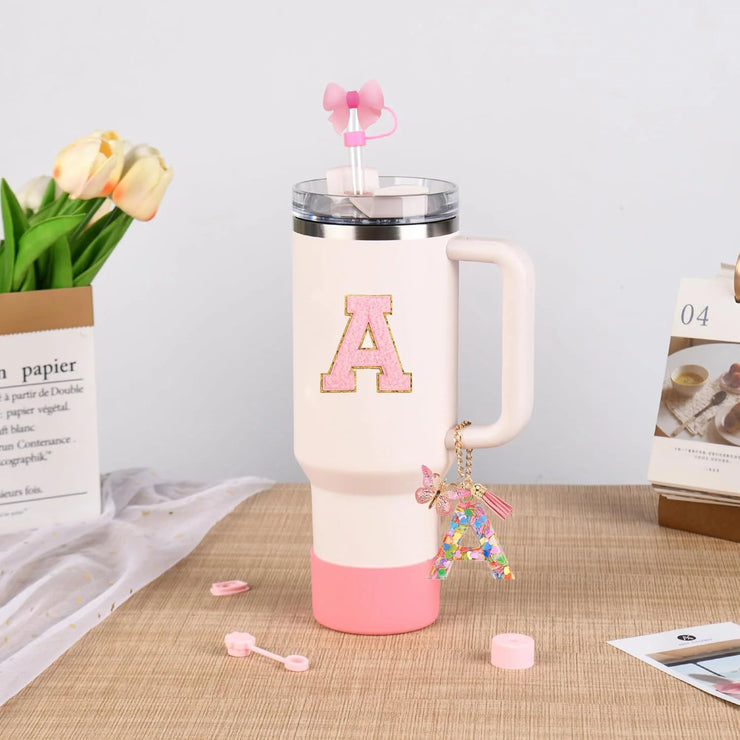 SipSavvy™ 7-Piece Pink Accessory Kit for Stanley Cup Tumbler – Custom Letter Set A–Z