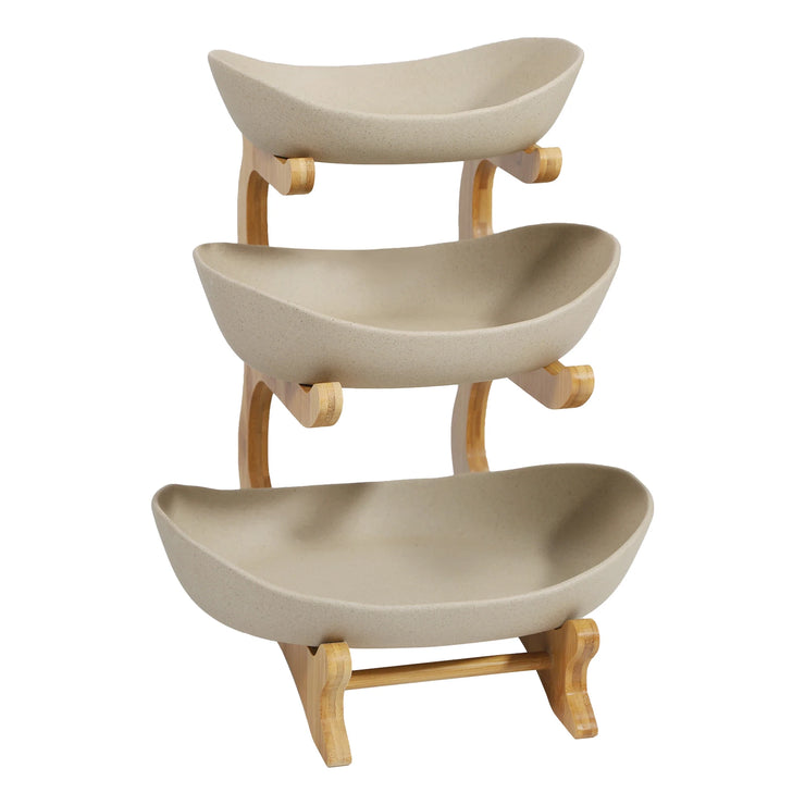 3-Tier Bamboo & Ceramic Fruit Bowl Stand – Kitchen Storage with Style
