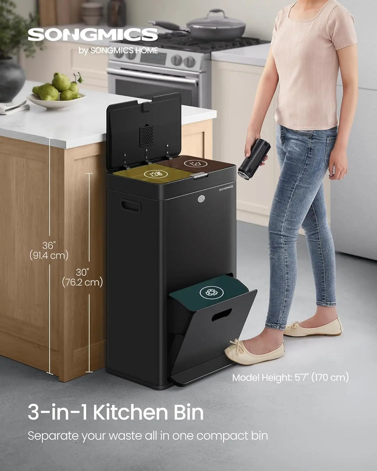 SONGMICS Vertical 3-Compartment Kitchen Bin – Smart Waste Management in Style