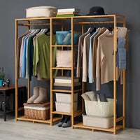 Voltsify 6-Tier Bamboo Clothes Rack with Side Hooks – Multi-Layer Open Wardrobe Rail
