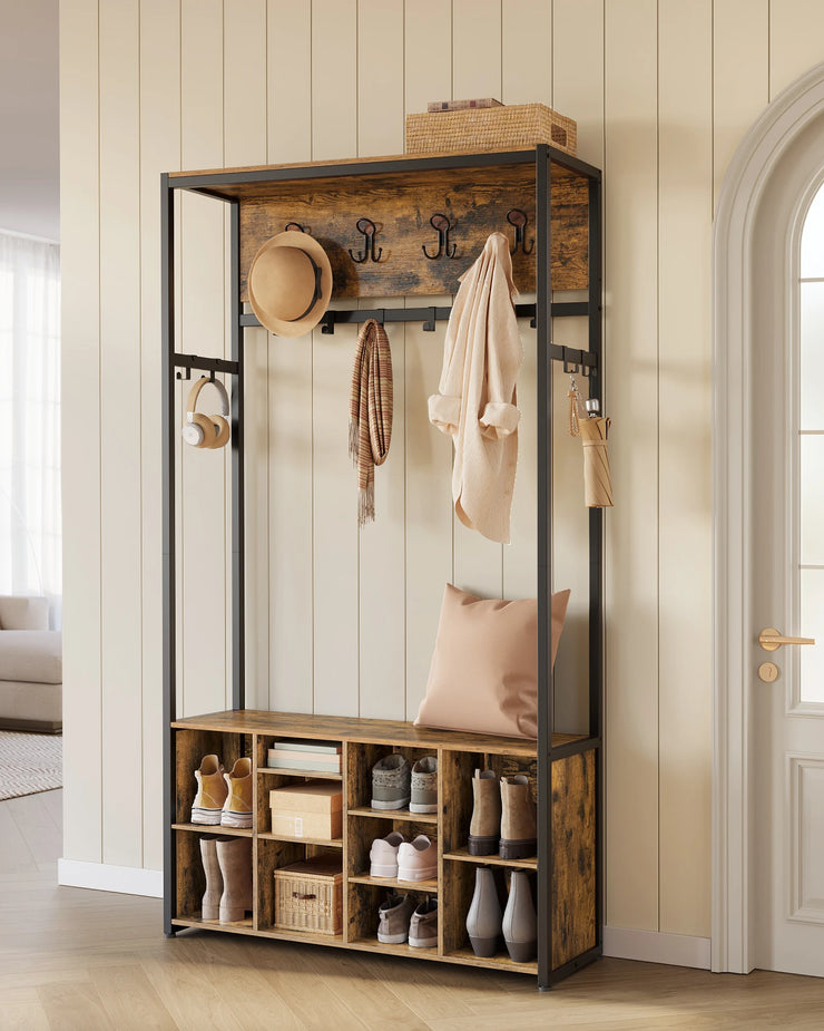 Rustic Charmer Industrial Hall Tree with Coat Rack, Shoe Bench & Storage Shelves