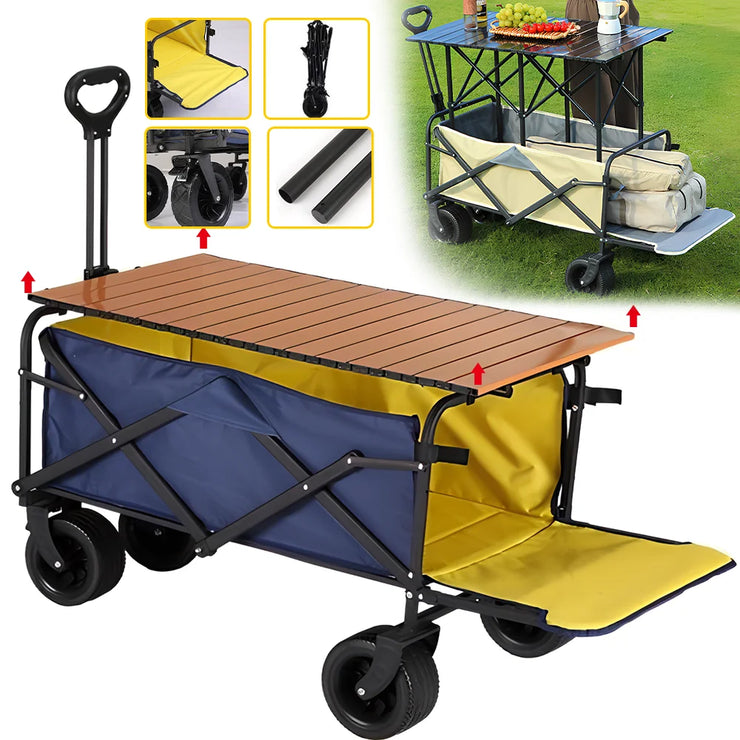 Foldable Camping Cart with Adjustable Table – 2-in-1 Picnic & Utility Trolley