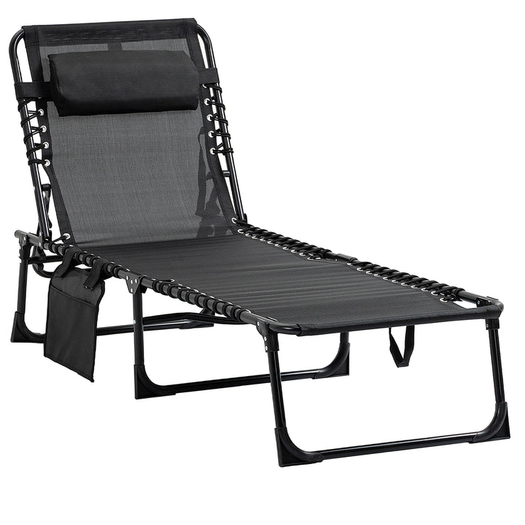 Outsunny 5-Position Folding Sun Lounger with Pillow & Side Pocket – Portable Recliner