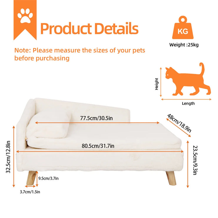 Luxury Elevated Cat & Small Dog Sofa Bed with Backrest - Plush Cushion, Wooden Legs