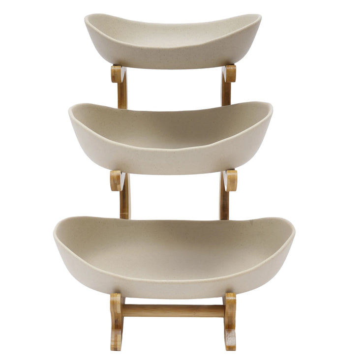 3-Tier Bamboo & Ceramic Fruit Bowl Stand – Kitchen Storage with Style