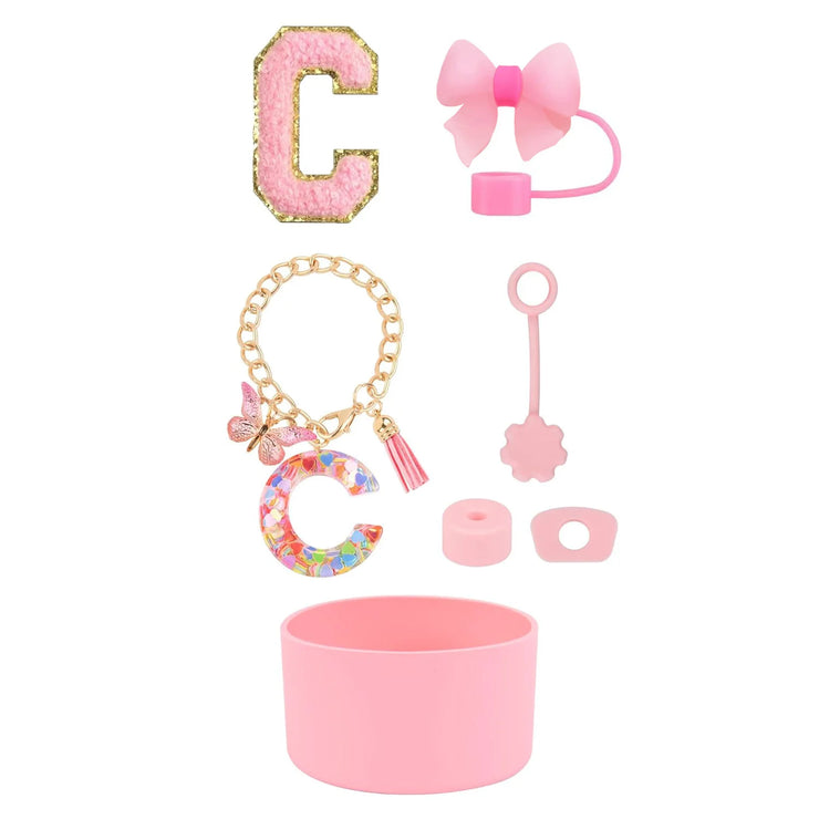 SipSavvy™ 7-Piece Pink Accessory Kit for Stanley Cup Tumbler – Custom Letter Set A–Z