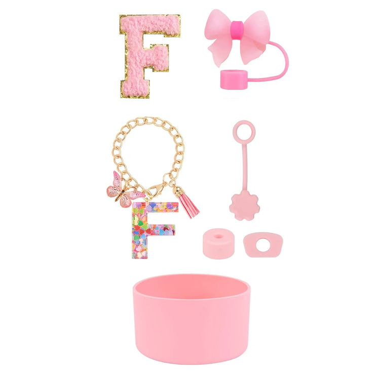 SipSavvy™ 7-Piece Pink Accessory Kit for Stanley Cup Tumbler – Custom Letter Set A–Z