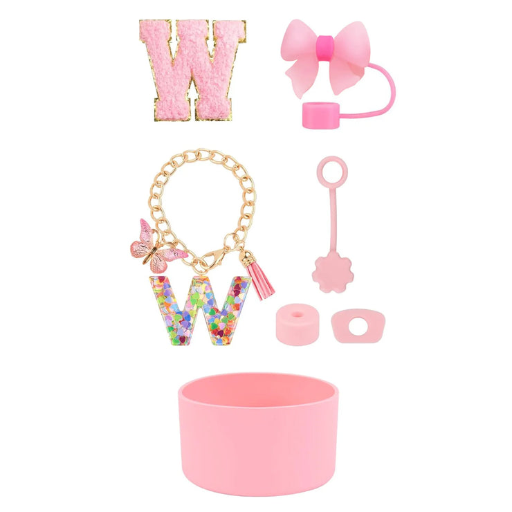 SipSavvy™ 7-Piece Pink Accessory Kit for Stanley Cup Tumbler – Custom Letter Set A–Z