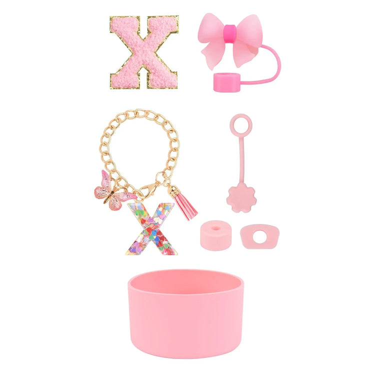 SipSavvy™ 7-Piece Pink Accessory Kit for Stanley Cup Tumbler – Custom Letter Set A–Z