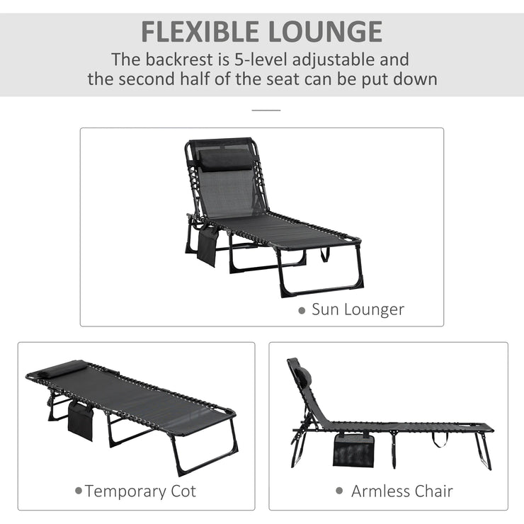 Outsunny 5-Position Folding Sun Lounger with Pillow & Side Pocket – Portable Recliner