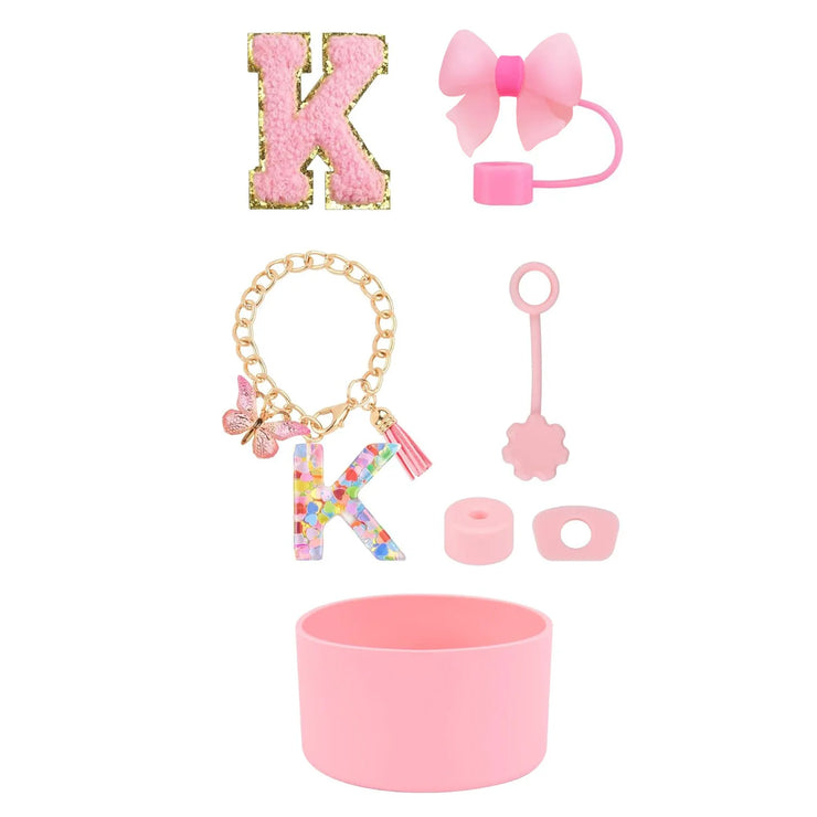 SipSavvy™ 7-Piece Pink Accessory Kit for Stanley Cup Tumbler – Custom Letter Set A–Z